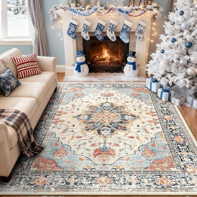 Area Rugs 7'x9' Washable Non-Slip, Floral Vintage Distress Print Pattern - Image 2