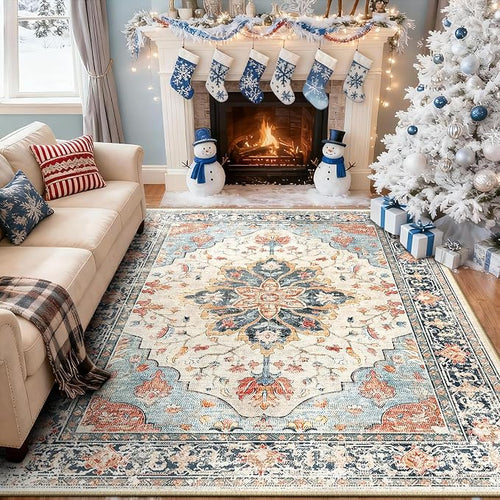 Area Rugs 7'x9' Washable Non-Slip, Floral Vintage Distress Print Pattern - Image 2