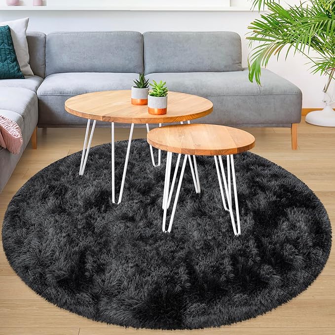 5x5 ft Tie Dye Black Round Rug for Bedroom Room Fluffy Circle Rug Furry Carpet - Image 5