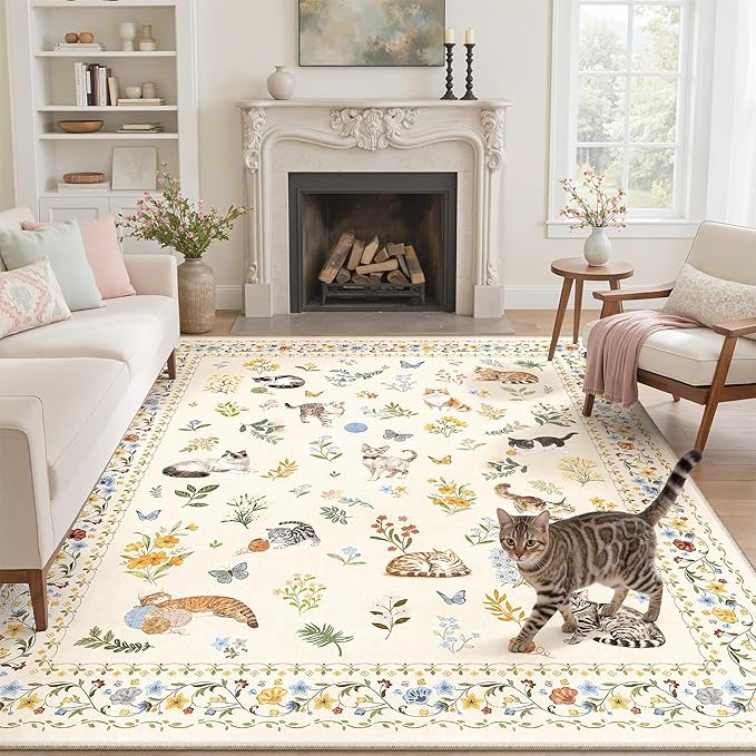 Soalmost Cat 6x9 Area Rugs for Living Room, Machine Washable Animal Floral by Soalmost