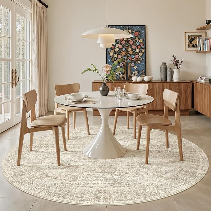 8x8 Beige Round Rug 8ft Living Room Circle Rug Vintage Round Area Rug Non Slip - Image 3