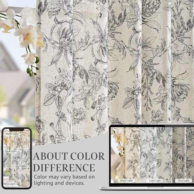 jinchan Floral Curtains 84 Inches Long Black Flower Linen Farmhouse Curtain - Image 6