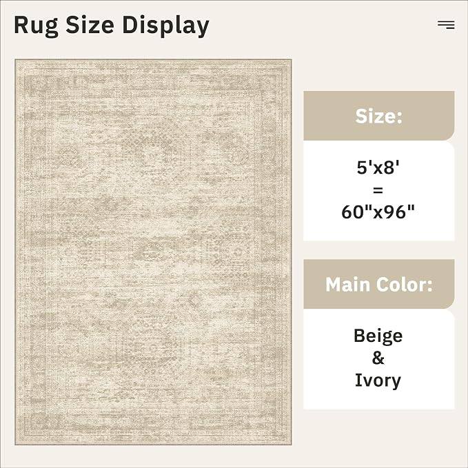 5x8 Area Rugs Beige Low Pile Indoor Washable Trendy Faded Style Rugs - Image 5
