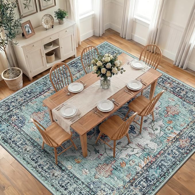 RELEANY Area Rugs Square 10ft Washable Non-Slip, Floral Vintage Distress Print by RELEANY