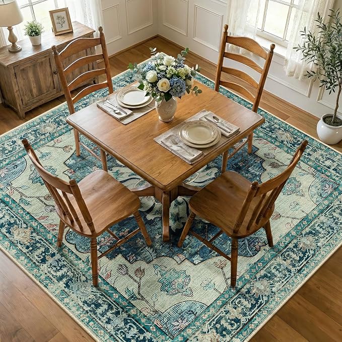 Area Rugs Square 7ft Washable Non-Slip, Floral Vintage Distress Print Pattern by RELEANY