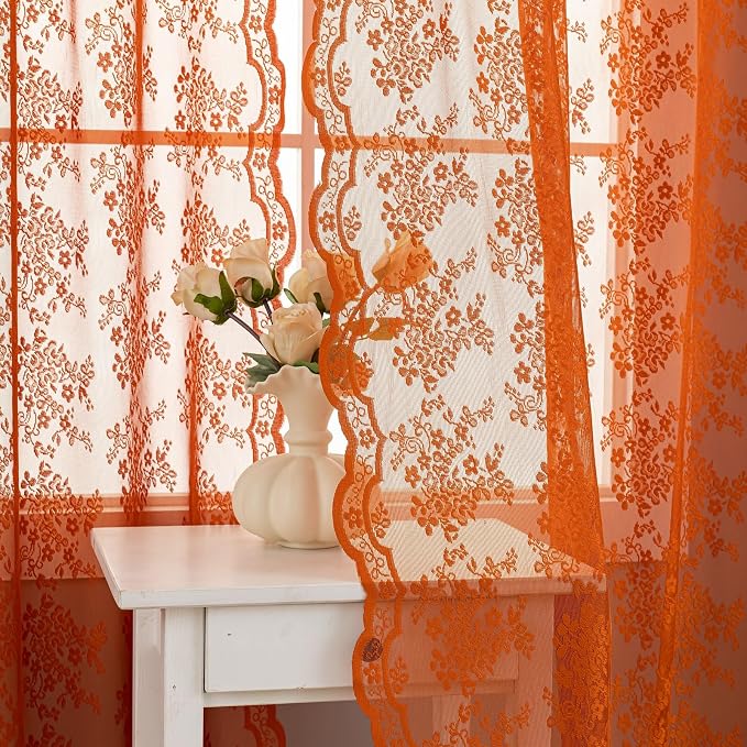 YJ YANJUN Vintage Lace Curtains 102 Inches Long-Rust Retro Floral Burnt Orange by YJYANJUN
