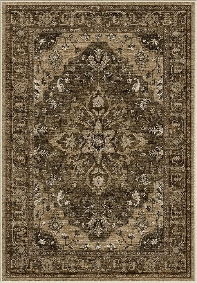 Area Rugs Round 6ft Washable Non-Slip, Floral Vintage Distress Print Pattern by RELEANY