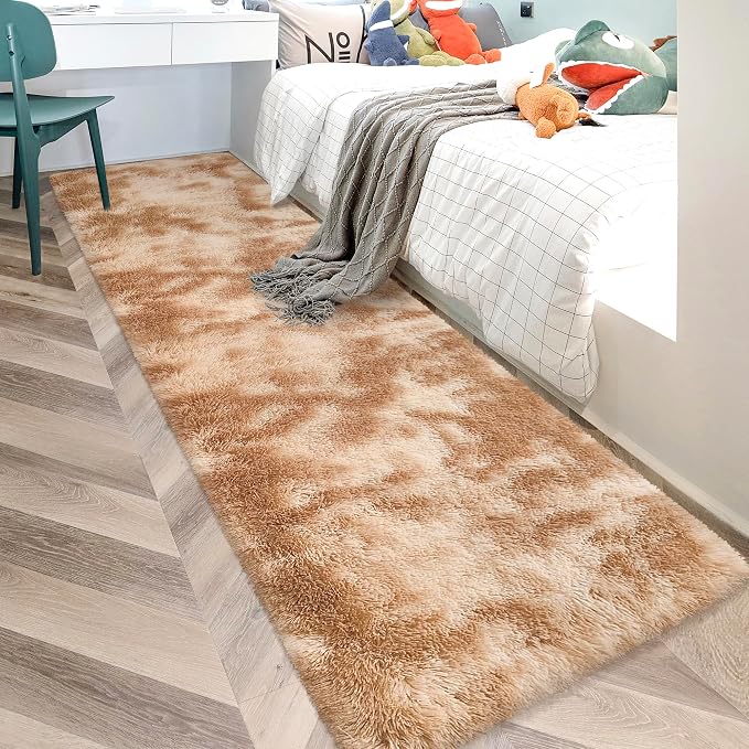 Super Soft Fluffy Living Room Area Rugs 2x10 ft Tie-Dyed Beige Shaggy Furry by JiaoBaba