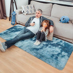 Super Soft Fluffy Living Room Area Rug 2x5 ft Tie-Dyed Light Blue Shaggy Furry - Image 3