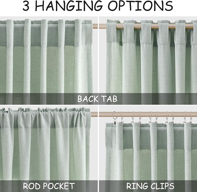 Nanspring Aqua Green Linen Curtains Semi Sheer 96 Inches Long 2 Panels Set - Image 2