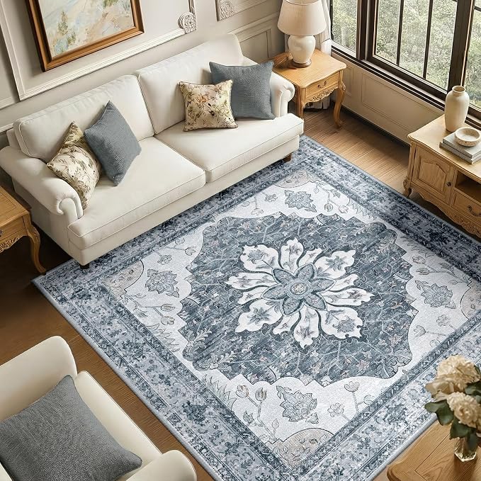 RELEANY Area Rugs Square 6ft Washable Non-Slip, Floral Vintage Distress Print by RELEANY