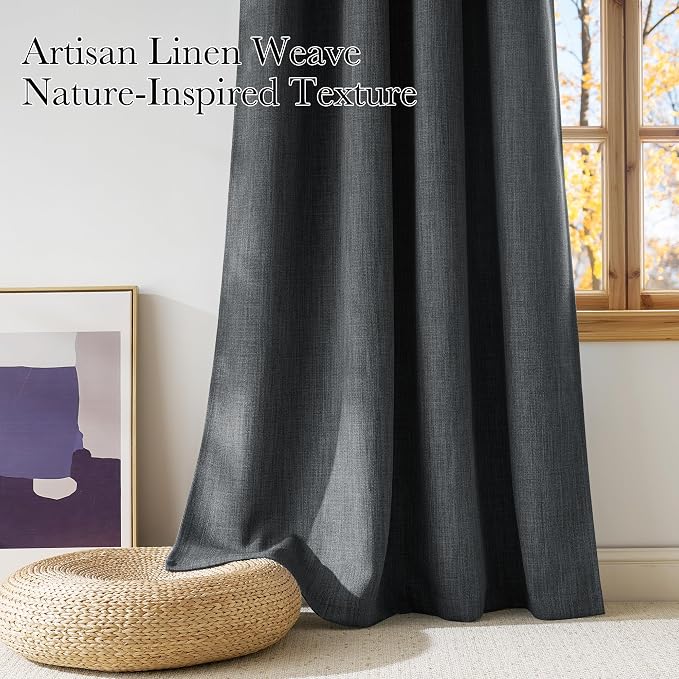 NICETOWN Charcoal Gray Faux Linen Room Darkening Rod Pocket Curtains 63 inch - Image 3