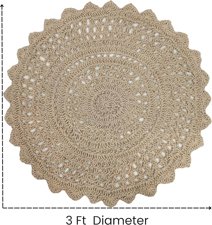 Hausattire Hand Woven Jute Crochet Rug, 3’ Round – Natural, Anti-Slip Accent - Image 2