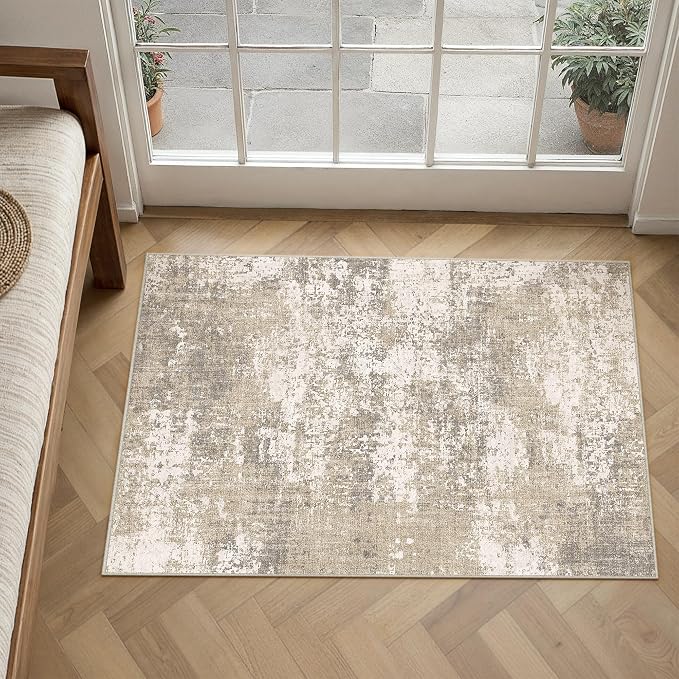 PureCozy Beige Area Rug 2x3 Machine Washable Modern Abstract Entryway Carpet by PureCozy