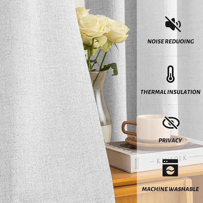 Yakamok White Linen Curtains 100% Blackout 72 Inches Long, Room Darkening - Image 5