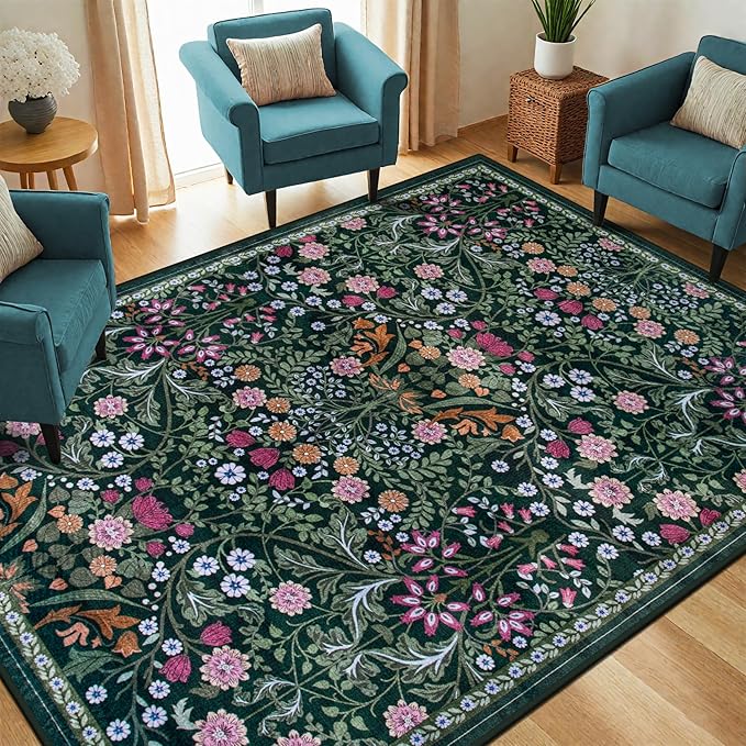Area Rug Living Room Rugs: Floral 5x7 Washable Rug Vintage Soft Boho Non-Slip - Image 2