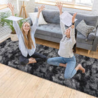 Tie-Dyed Runner Rug for Bedroom Black Grey 2x10ft Fluffy Area Rug Bedside - Image 2