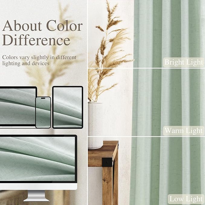 Nanspring Aqua Green Linen Curtains Semi Sheer 96 Inches Long 2 Panels Set - Image 3