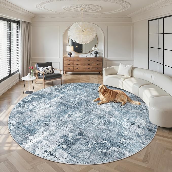 9x9 Blue/Grey Round Rug 9ft Living Room Circle Rug Vintage Round Area Rug Non by Soalmost