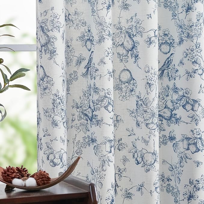 jinchan Linen Floral Curtains for Living Room 63 Inch Length Blue Printed by JINCHAN