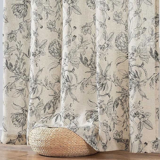 jinchan Floral Curtains 84 Inches Long Black Flower Linen Farmhouse Curtain - Image 7