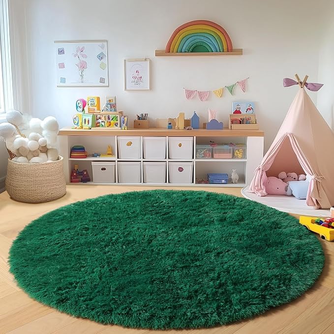 ONASAR Dark Green Round Area Rugs 5ft, Fluffy Soft Bedroom Circle Rug - Image 4