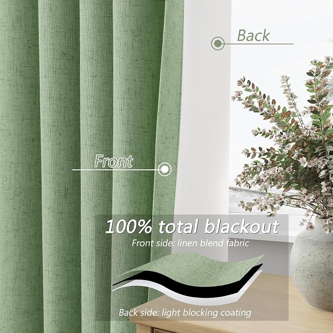 Guken Light Sage 100% Blackout Linen Curtains 96 Inch Length 2 Panels Set - Image 4