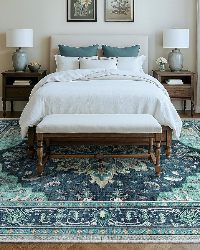 Area Rugs 9'x12' Washable Non-Slip, Floral Vintage Distress Print Pattern - Image 8