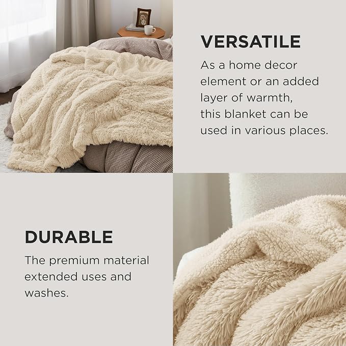 Bedsure GentleSoft Fluffy Beige Blankets Queen Size - Image 4