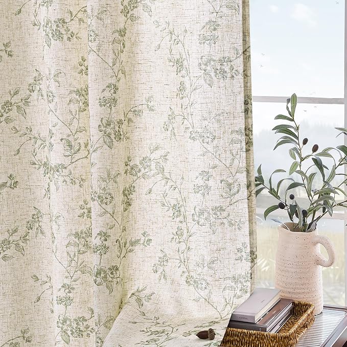 Lazzzy Farmhouse Linen Curtains Green Floral Curtains 96 Inch Length Back Tab - Image 8