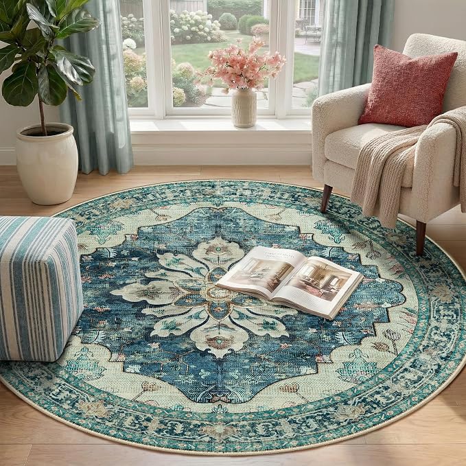 Area Rugs 4ft Washable Non-Slip, Floral Vintage Distress Print Pattern - Image 2