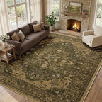 Area Rugs 9'x12' Washable Non-Slip, Floral Vintage Distress Print Pattern by RELEANY