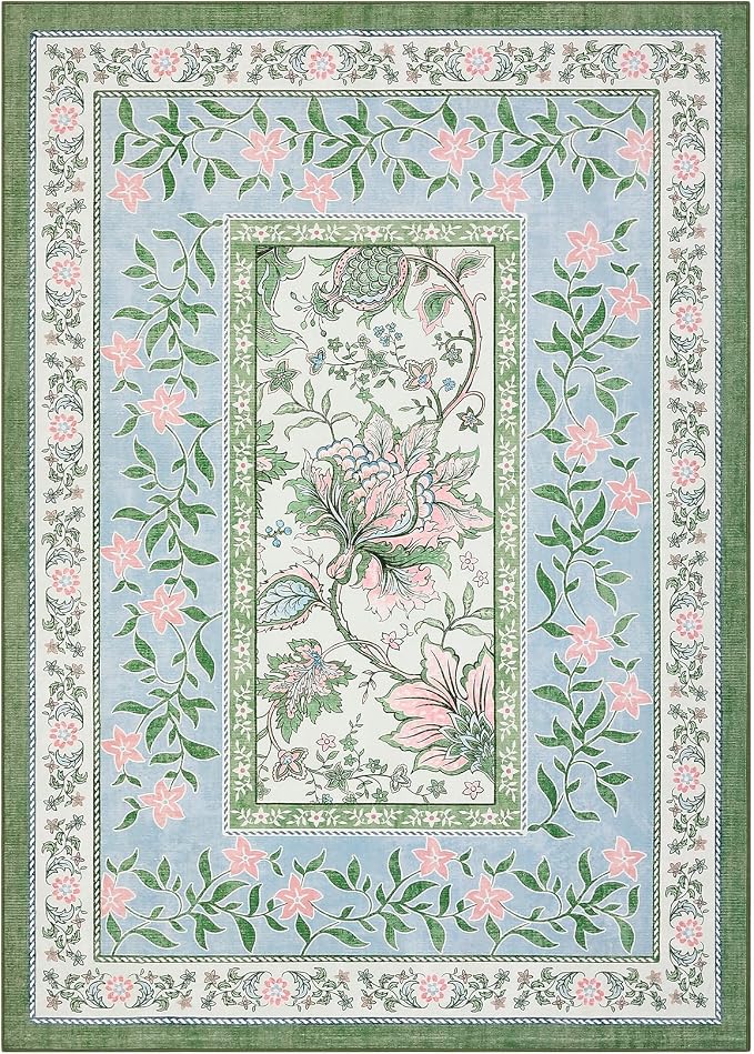GarveeHome Blue Green Pink Area Rugs 9x12 Living Room, Botanical Grove Cottage - Image 10