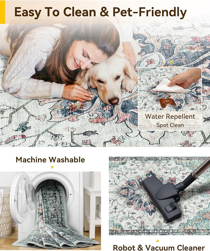 Area Rugs 10'x14' Washable Non-Slip, Floral Vintage Distress Print Pattern - Image 6