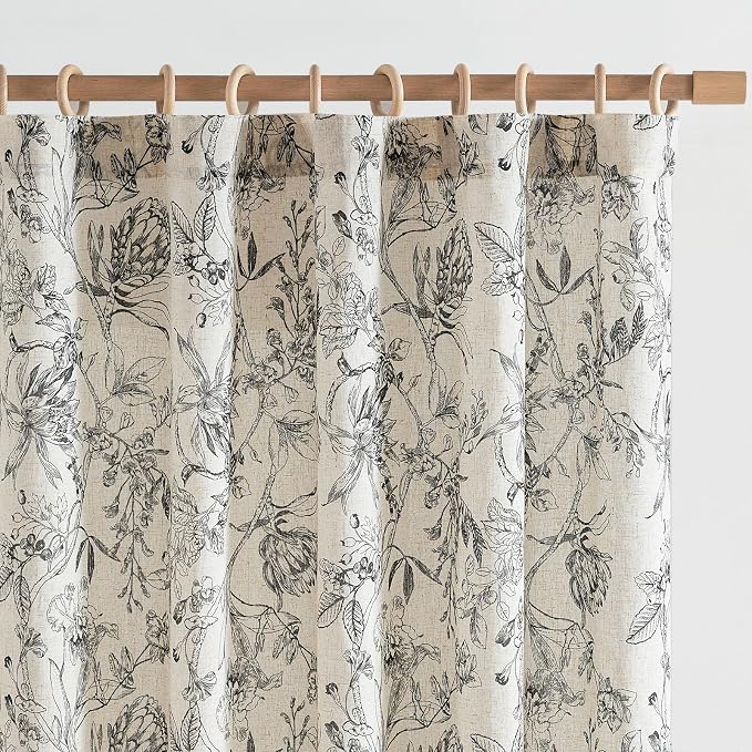 jinchan Floral Curtains 63 Inch Length Black Flower Linen Farmhouse Curtain by JINCHAN