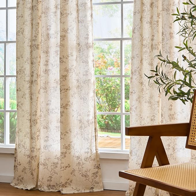 Lazzzy 90 Inch Curtain for Living Room Taupe Floral Drapes Linen for Bedroom - Image 7