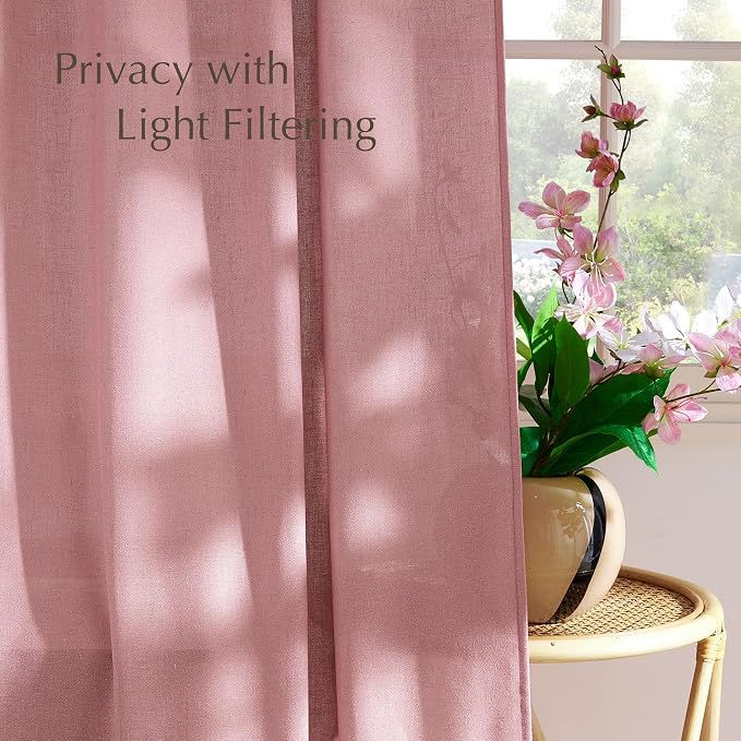 NICETOWN Linen Pink Curtains for Girls Room, Grommet Thick Flax Semi Sheer - Image 3