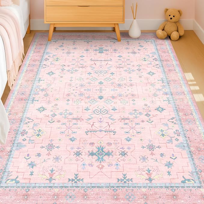 Hazo Haus Pink and Blue Washable 5x8 Living Room Rugs, Boho Aethestic Oushak - Image 8