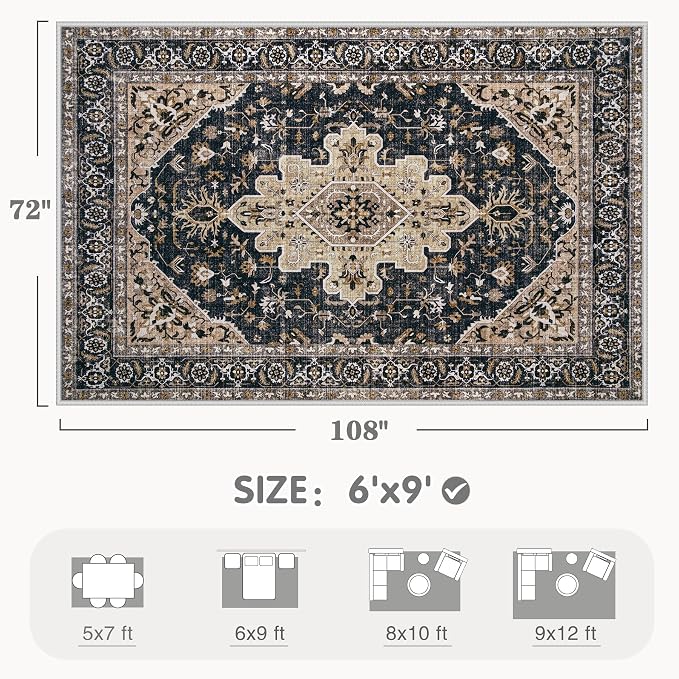 Area Rugs 6x9 Vintage Rug: Washable Living Room Rug Retro Medallion Distressed - Image 2