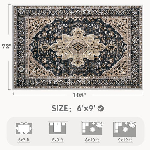 Area Rugs 6x9 Vintage Rug: Washable Living Room Rug Retro Medallion Distressed - Image 2