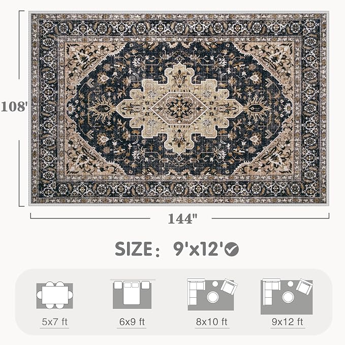Area Rugs 9x12 Vintage Rug: Large Washable Living Room Rug Retro Medallion - Image 2