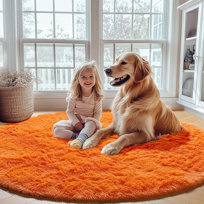 ONASAR Orange Round Rugs 5ft for Bedroom Living Room, Fluffy Circle Area Rug - Image 5