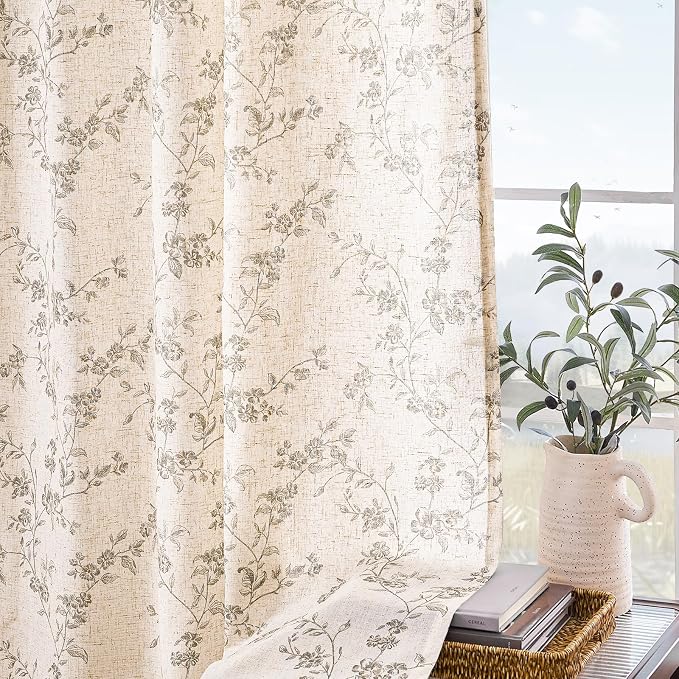 Lazzzy Grey Floral Linen Curtains 84 Inch Length Farmhouse Curtain Back Tab - Image 8