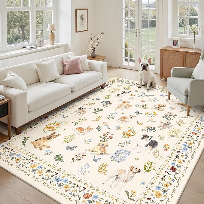 Dog 6x9 Area Rugs for Living Room, Machine Washable Animal Floral Vintage Rug by Soalmost