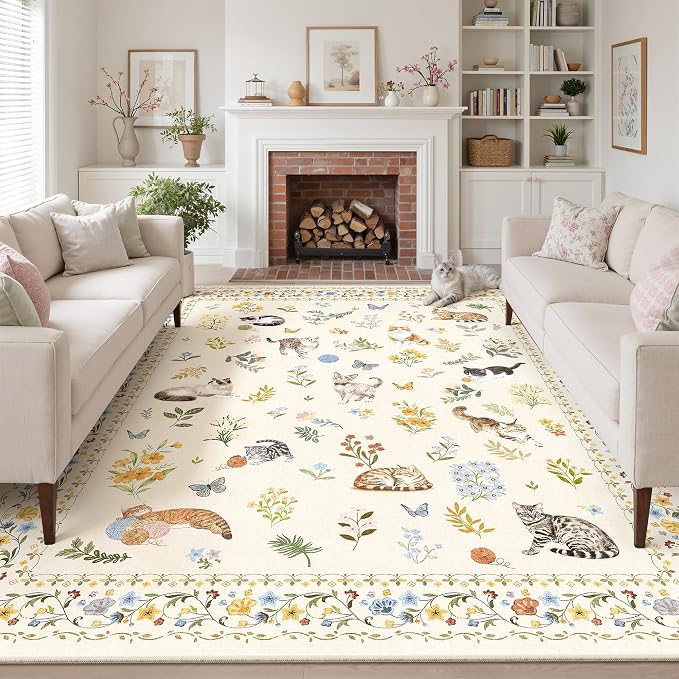 Cat 9x12 Area Rugs for Living Room, Machine Washable Animal Floral Vintage Rug by Soalmost