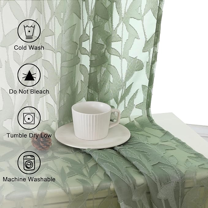 Lecloud Leia Sage Green Sheer Curtains 72 Inches Long 2 Panels, Jacquard - Image 6