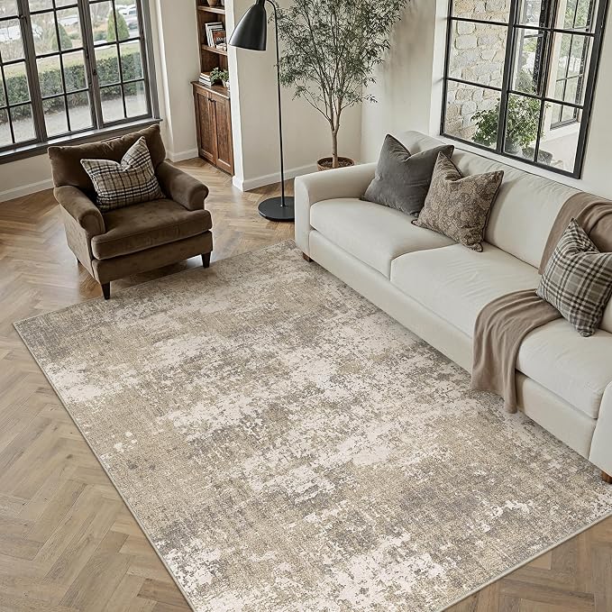Beige Area Rug 8x10 Machine Washable Modern Abstract Living Room Carpet Non - Image 4