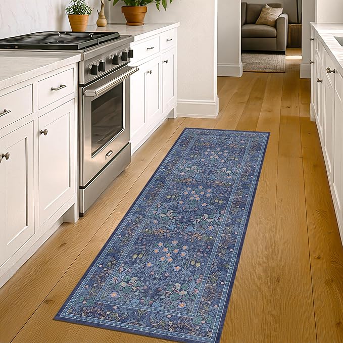 Dark Blue 2x8 Kitchen Runner Rugs - 8ft Long Machine Washable Hallway Runner by HazoHaus