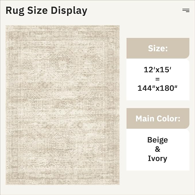 12x15 Washable Area Rug Beige Neutral Abstract Living Room Large Carpet Non - Image 4