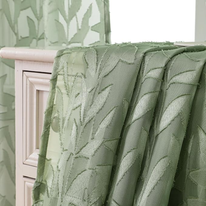 Lecloud Leia Sage Green Sheer Curtains 30 Inch Length 2 Pcs, Breathable - Image 3